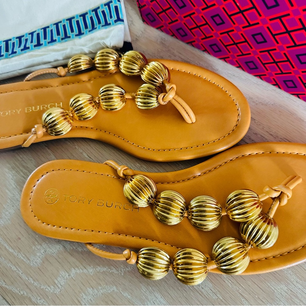 Tory Birch Capri Gold Bead Sandal Size 7.5